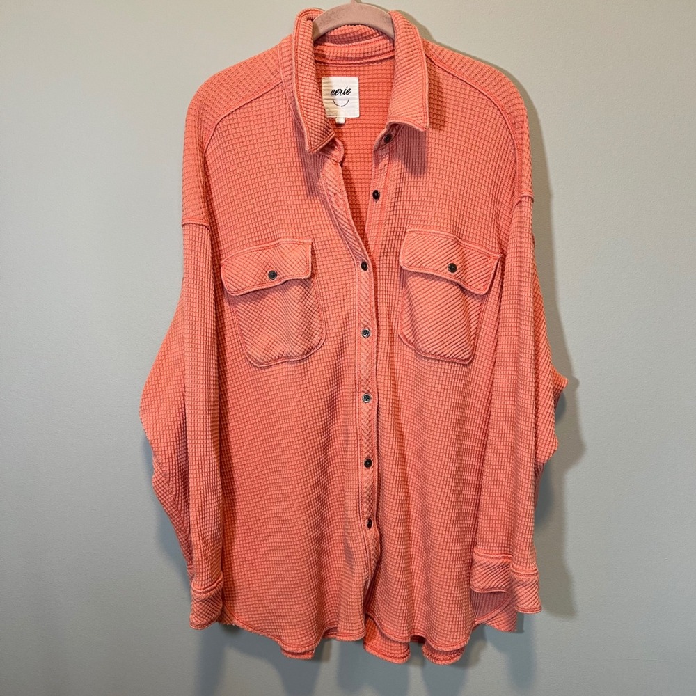 Aerie Lumber Jane Waffle Knit Button Down Coral Orange Thermal Shacket Large